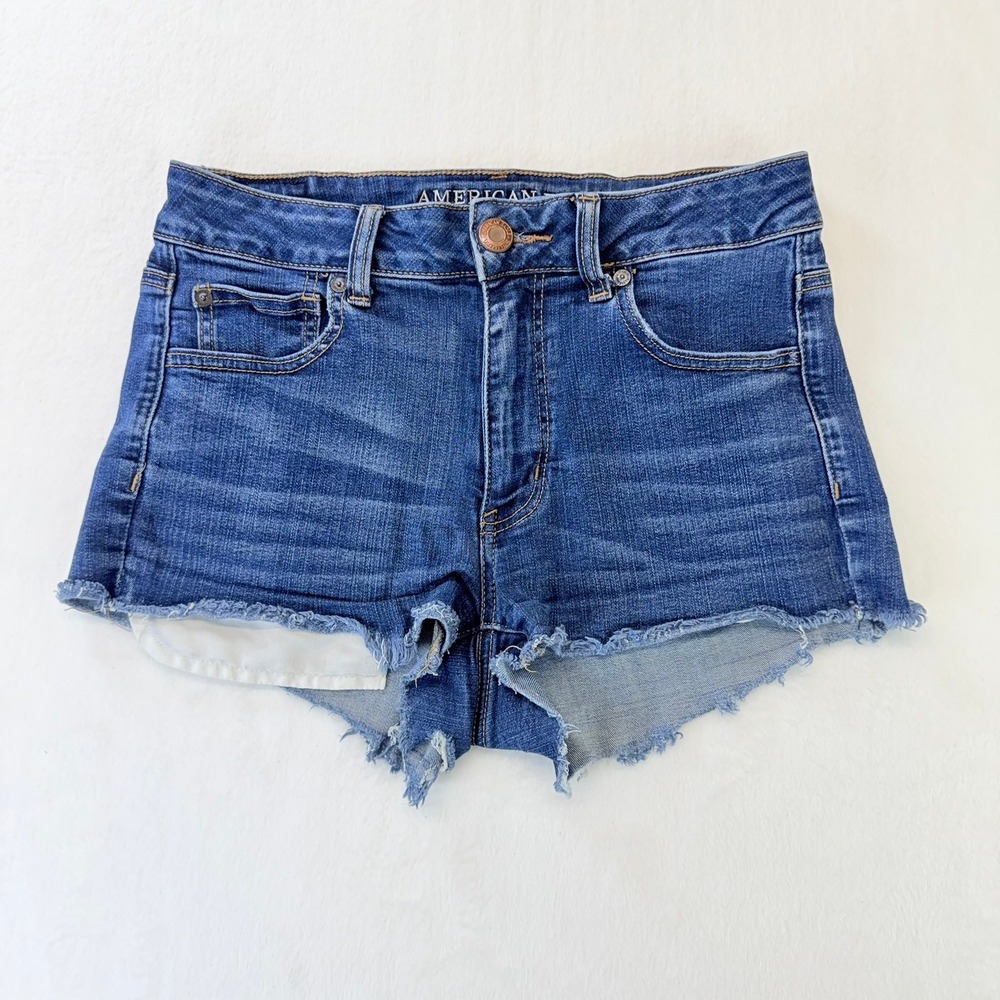 American Eagle Jean Shorts Women's 8 Hi-Rise Shortie Cutoff Raw‎ Hem Blue Denim